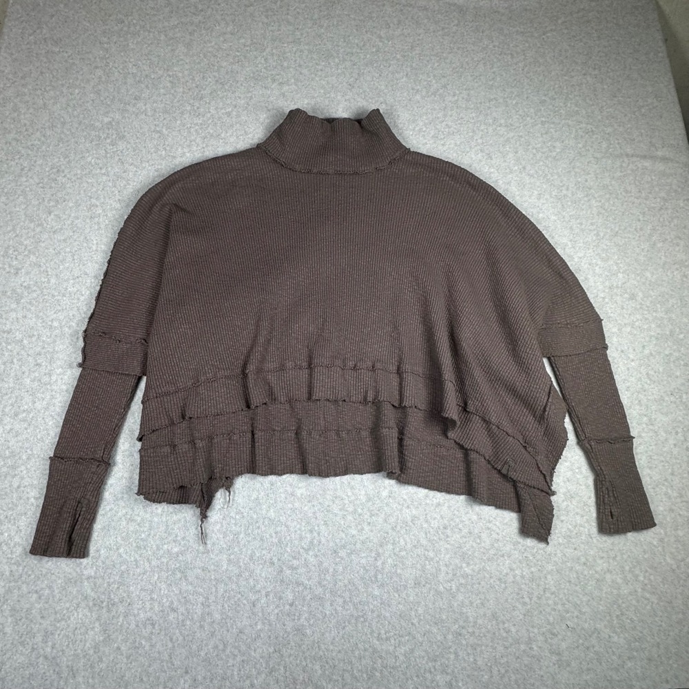 Free People We The Free Brown Thermal Mock Neck Ruffle Hem Top XS